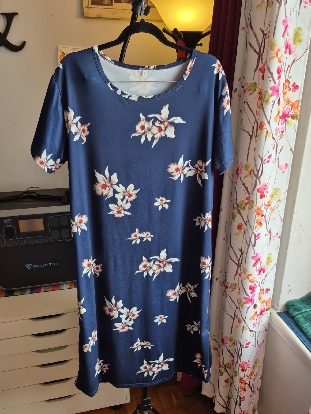 XL Navy, Cream and Rust Print - Lounging or House Dress Midi Length